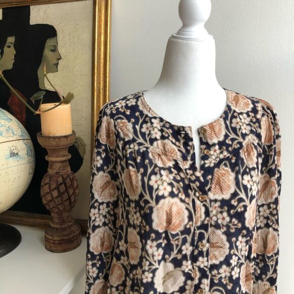 Anthro Maeve Navy Print Button Front Blouse - Picture 2 of 6